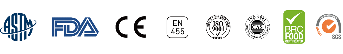 ASTM6319,ASTM1671,ASTM D6978、FDA 510(K)、CE、EN455,EN374、ISO9001,ISO13485、 CMDCAS、BRC認証、SGS認証